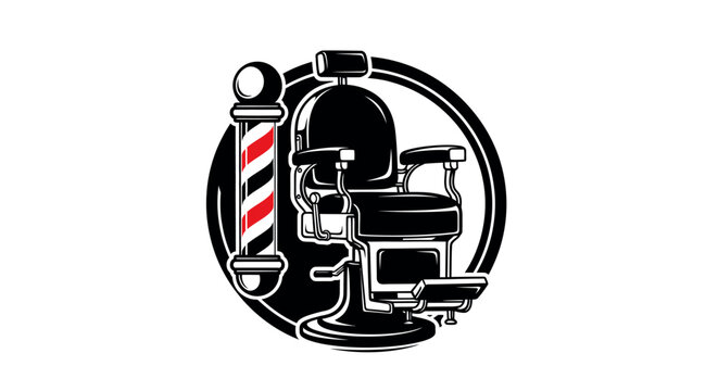 Vintage Barbershop Chair and Barber Pole Emblem in a Circle Frame on Isolated White Background