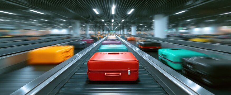 conveyor system moving bags through a crowded airport hub