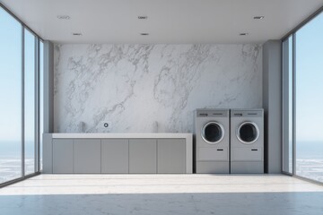 Modern laundry room with marble walls, washing machines, and large windows.