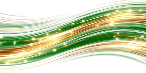 Green and gold flowing lines with luminous particles create a vibrant abstract background.