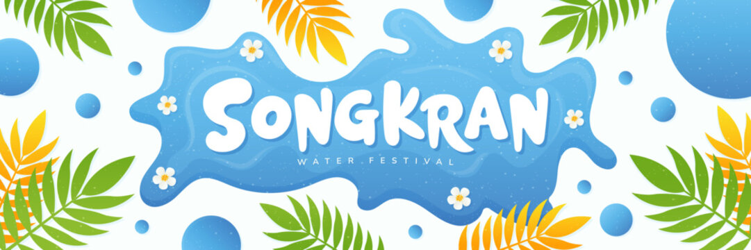 Songkran water festival banner with blue splashes and tropical leaves on white background for Thailand.