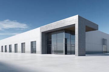 Modern commercial building with large glass entrance and concrete accents.