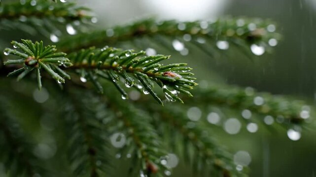 A close-up view of a pine tree branch with water droplets, exploring the intersection of nature and artificial intelligence in visual analysis