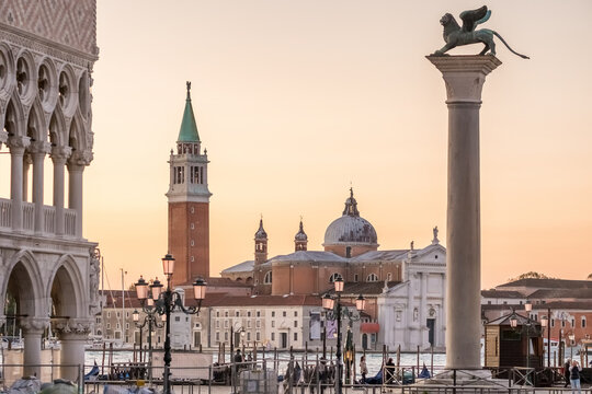 San Giorgio Maggiore and Winged Lion Column at Sunset