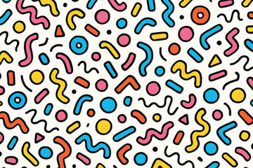 Colorful Memphis Style Geometric Doodles Pattern on Cream Background