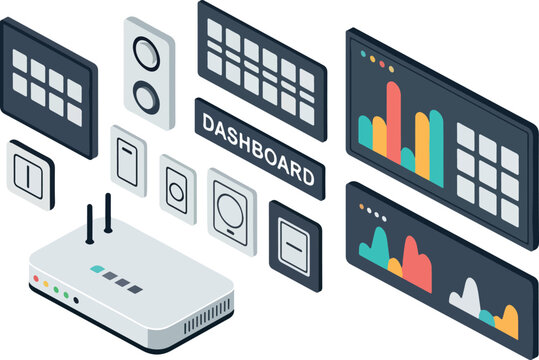 Isometric Network Dashboard Visualization with Router and UI Elements