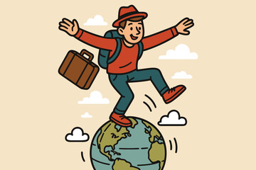 Man with Suitcase and Backpack Balancing on Top of Earth Globe Concept