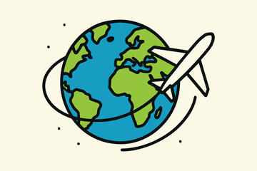 Minimalist hand-drawn illustration of an airplane flying around the globe