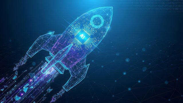 Digital low poly rocket structure ascending against a dark blue technological background featuring luminous lines and binary code data streams.