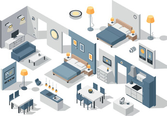Obraz premium Isometric Home Interiors Detailed Room Designs in Vector Style