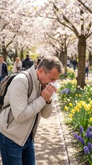 Man sneezing near blooming flowers outdoors.
