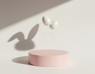 Minimalist display with floating eggs on pink stand.