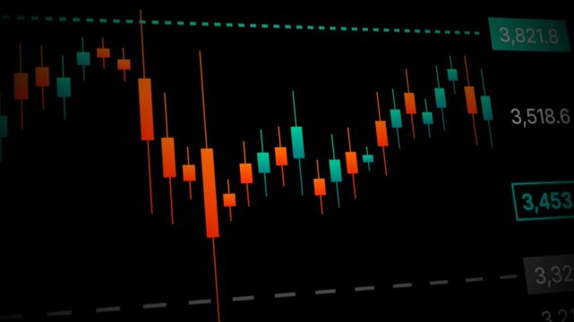 Digital candlestick chart. Moving banner with financial chart and diagram with green and red bars on dark alpha channel. Trading and investing in stock market. Realistic graphic animated footage