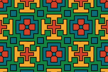 Traditional tribal geometric folk art pattern with crosses in green and red colors