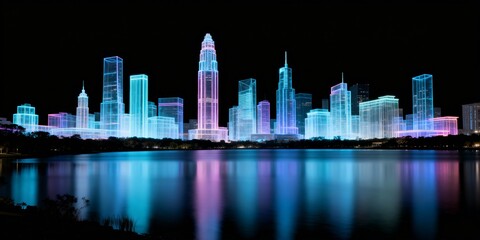 Futuristic skyscrapers by the lake at night