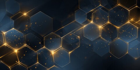 Glowing golden hexagonal network with shimmering particles on dark blue.