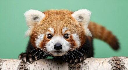 Obraz premium Close-up portrait of a red panda on a birch log animal wildlife
