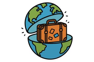Conceptual illustration of an open globe revealing a travel suitcase inside