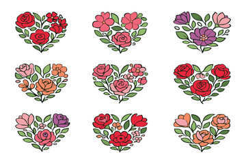 Romantic Heart Shaped Flower Arrangements Icons with Roses and Green Leaves