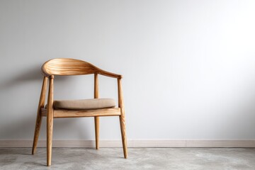 A modern wooden armchair with a beige cushion stands against a pale wall.