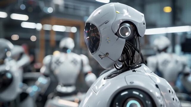 This slow motion video captures a collaborative moment between a human engineer and an AI robot assistant in a modern factory, showcasing teamwork, advanced industrial technology.
