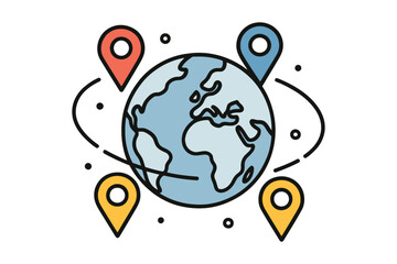 Flat illustration of planet Earth with colorful map location pins and dotted lines