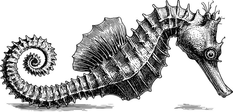 Seahorse marine specimen: 19th century vintage botanical engraving for nautical decor
