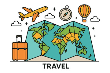 Global travel illustration with world map and vacation icons