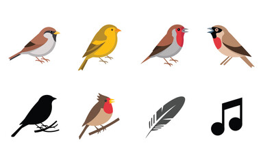 Obraz premium Garden birds icons, robin, goldfinch, bullfinch, feather symbol, music note, birdwatch club flyer, spring nature program poster, vector set