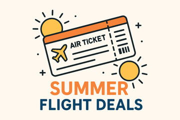 Summer Flight Deals Advertisement with Air Ticket and Sun Icons