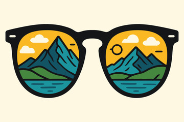 Sunglasses Reflecting a Beautiful Mountain Lake Landscape at Sunset