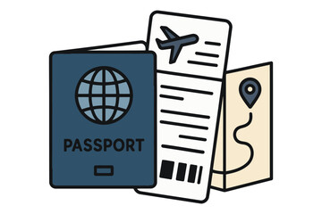 International Travel Essentials Including Passport, Boarding Pass Ticket and Map