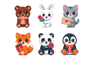 Obraz premium Cute animals with gifts, teddy bear bunny cat fox panda, kids birthday party invitation, nursery event banner, kindergarten celebration graphics