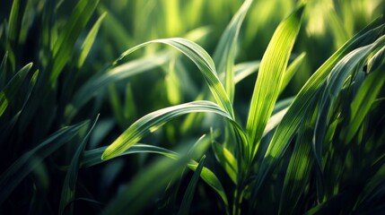 Obraz premium Lush Green Grass Blades with Sunlight Highlighting the Textures and Colors, Capturing Nature's Beauty in a Serene Outdoor Setting