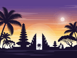 Fototapeta premium Silhouette of Balinese Temple and Palm Trees at Sunset.