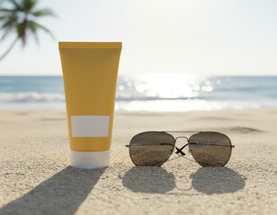 Sunscreen and sunglasses on a sandy beach.