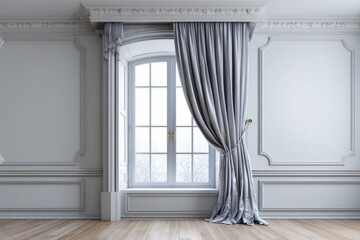 Elegant room features a tall window with silver drapery and detailed wall molding.
