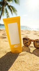 Sunscreen bottle on beach with sunglasses.