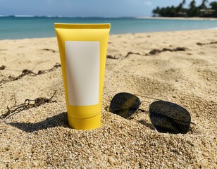 Sunscreen on beach sand with sunglasses nearby.