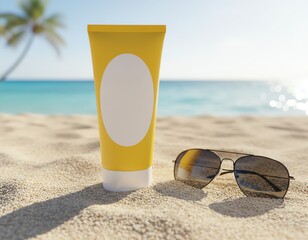 Sunscreen tube and sunglasses on sandy beach.