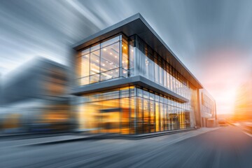 Modern glass building with speed blur effect at sunset.