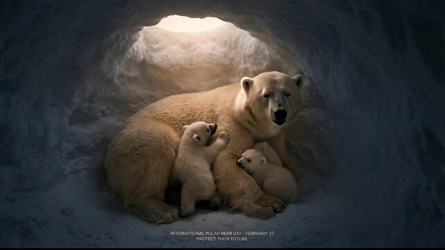 Polar Bear Sow Nursing Cubs Inside Den