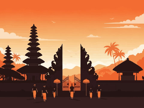 Balinese Temple Gate and Traditional Architecture at Sunset.