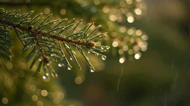 A close-up view of a pine branch adorned with water droplets, illuminated by sunlight, showcasing artificial intelligence analysis of nature