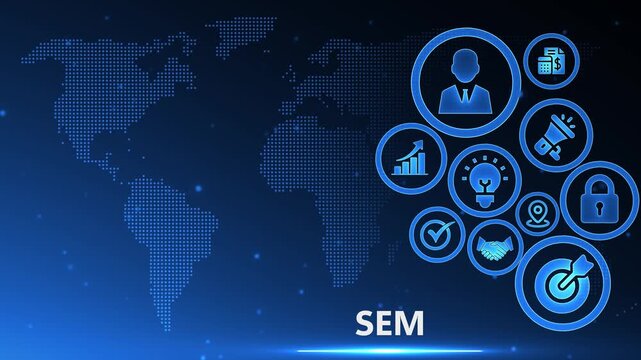 Digital SEM search engine marketing strategy icons with futuristic businessman profile in blue neon cyber grid background