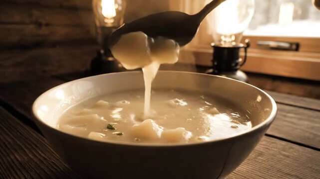 Closeup of Hot Soup Stirred by Spoon Warm Meal by Lantern Glow