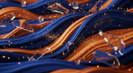 Vibrant blue and orange waves with sparkling glass fragments