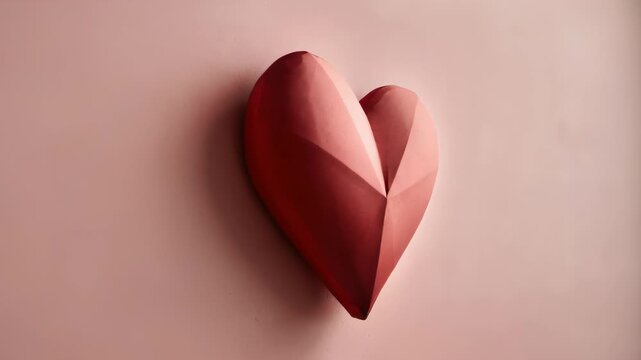 Red Paper Heart on Pastel Canvas: A vibrant crimson heart sculpture graces a serene, pastel surface, evoking emotions of love and tenderness in its minimalist beauty.