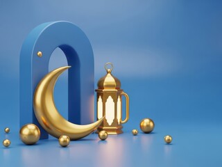 A golden crescent moon and an ornate lantern with intricate designs arranged on a vibrant blue backdrop