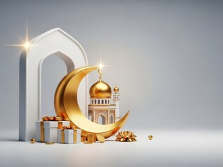 A golden crescent moon and mosque illustration for festive celebrations with decorative gifts and coins